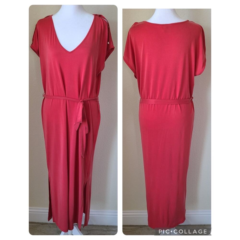Lucky Brand Maxi Shirt Dress Size Medium Red Tie‎ Slits Button Shoulders Long